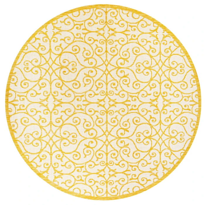 Madrid Vintage Filigree Textured Weave Cream/Yellow 5' Round Indoor/Outdoor Area Rug