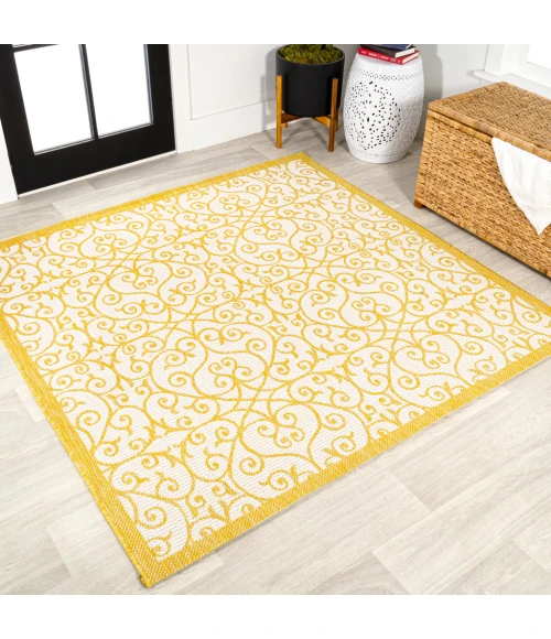 Madrid Vintage Filigree Textured Weave Cream/Yellow 5' Square Indoor/Outdoor Area Rug