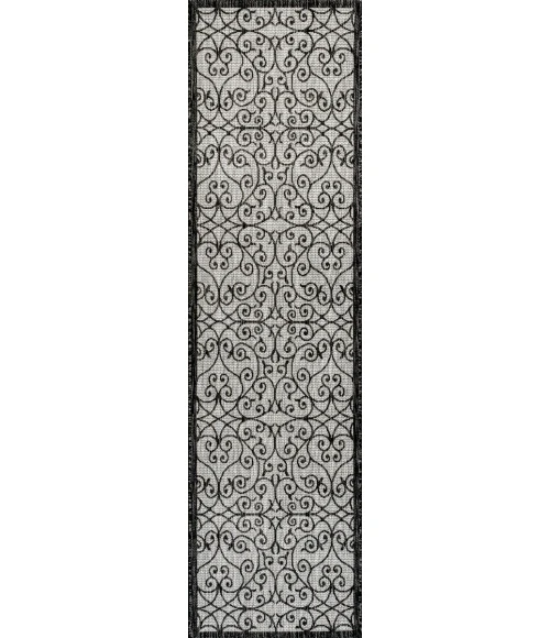 Madrid Vintage Filigree Textured Weave Light Gray/Black 2 ft. x 10 ft. Indoor/Outdoor Runner Rug