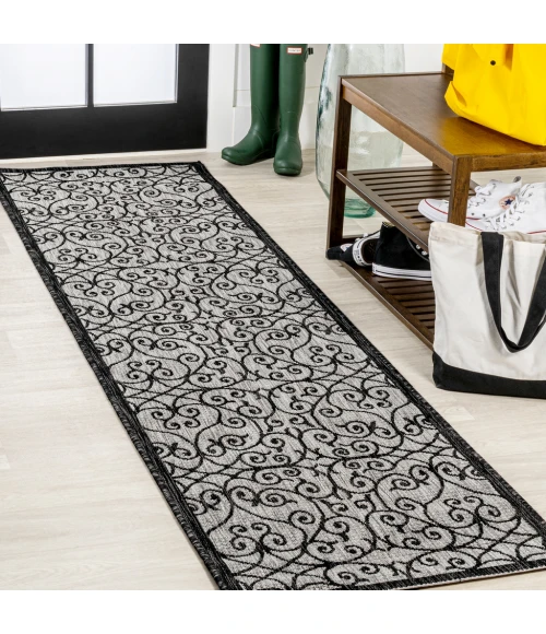 Madrid Vintage Filigree Textured Weave Light Gray/Black 2 ft. x 10 ft. Indoor/Outdoor Runner Rug