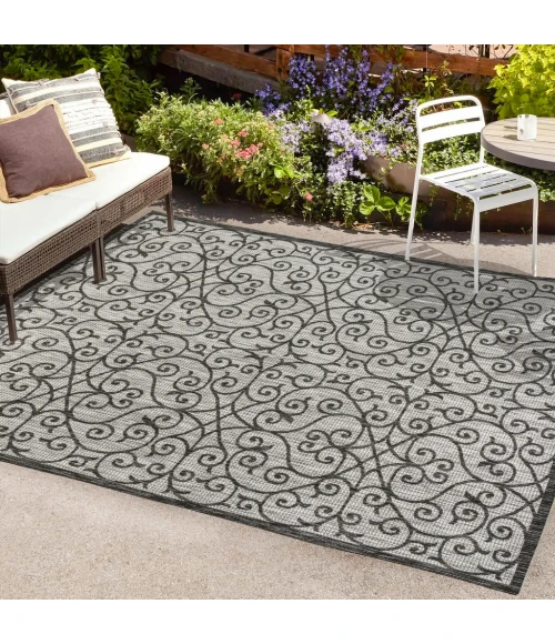 Madrid Vintage Filigree Textured Weave Light Gray/Black 5 ft. x 8 ft. Indoor/Outdoor Area Rug