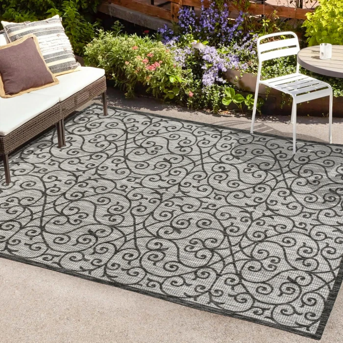 Madrid Vintage Filigree Textured Weave Light Gray/Black 3 ft. x 5 ft. Indoor/Outdoor Area Rug