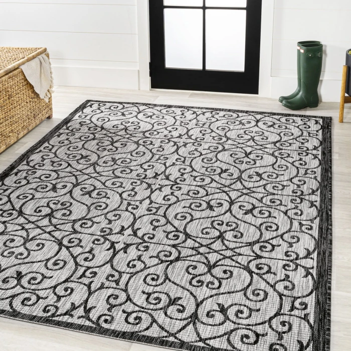 Madrid Vintage Filigree Textured Weave Light Gray/Black 3 ft. x 5 ft. Indoor/Outdoor Area Rug