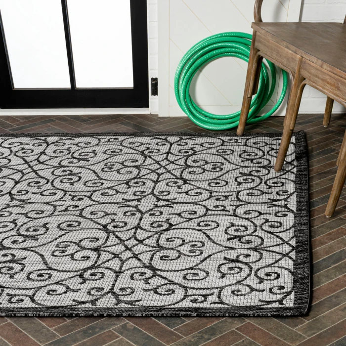 Madrid Vintage Filigree Textured Weave Light Gray/Black 3 ft. x 5 ft. Indoor/Outdoor Area Rug