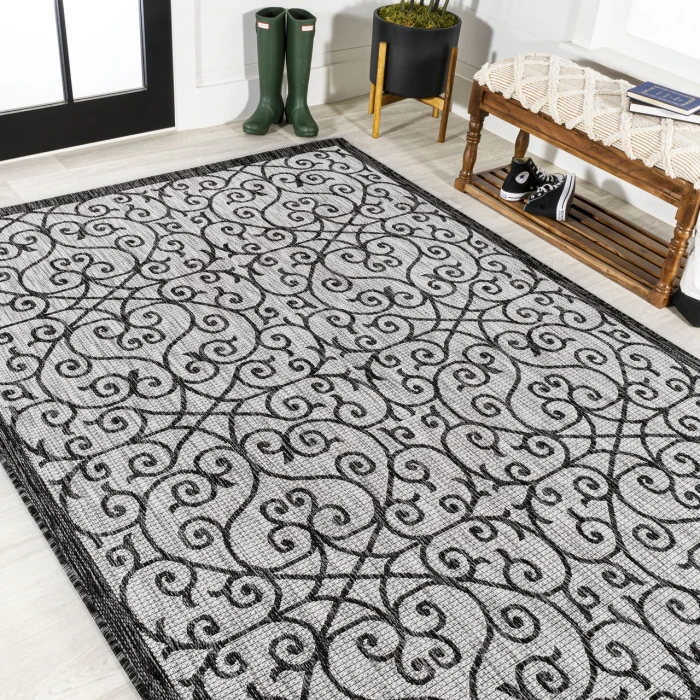 Madrid Vintage Filigree Textured Weave Light Gray/Black 3 ft. x 5 ft. Indoor/Outdoor Area Rug
