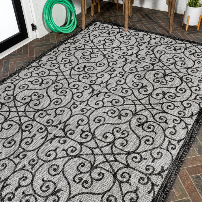Madrid Vintage Filigree Textured Weave Light Gray/Black 3 ft. x 5 ft. Indoor/Outdoor Area Rug