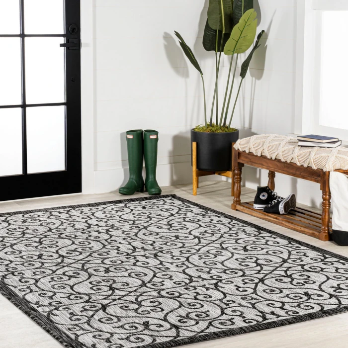 Madrid Vintage Filigree Textured Weave Light Gray/Black 3 ft. x 5 ft. Indoor/Outdoor Area Rug