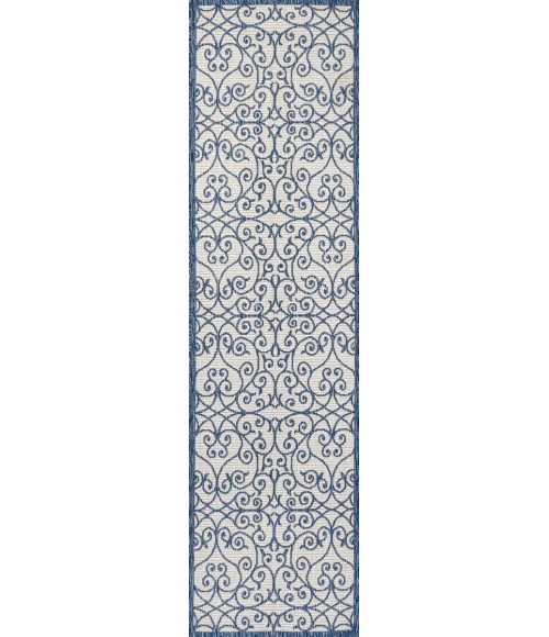 Madrid Vintage Filigree Textured Weave Blue/Cream 2 ft. x 10 ft. Indoor/Outdoor Runner Rug