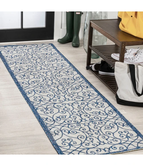 Madrid Vintage Filigree Textured Weave Blue/Cream 2 ft. x 10 ft. Indoor/Outdoor Runner Rug