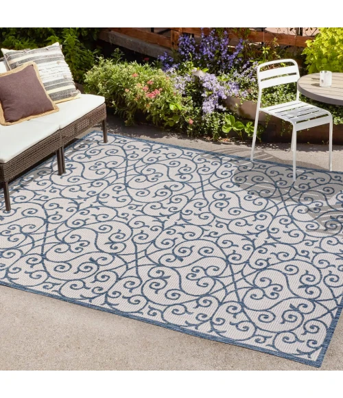 Madrid Vintage Filigree Textured Weave Blue/Cream 3 ft. x 5 ft. Indoor/Outdoor Area Rug