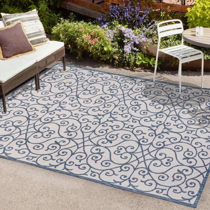Madrid Vintage Filigree Textured Weave Blue/Cream 4 ft. x 6 ft. Indoor/Outdoor Area Rug