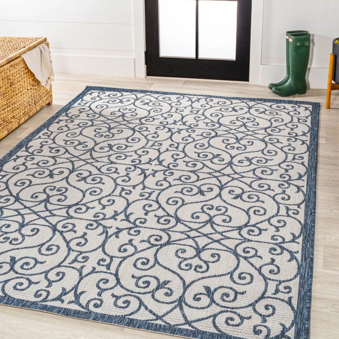 Madrid Vintage Filigree Textured Weave Blue/Cream 4 ft. x 6 ft. Indoor/Outdoor Area Rug