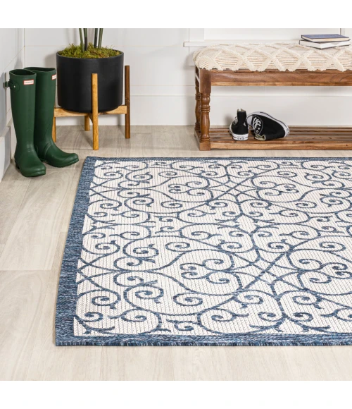 Madrid Vintage Filigree Textured Weave Blue/Cream 3 ft. x 5 ft. Indoor/Outdoor Area Rug