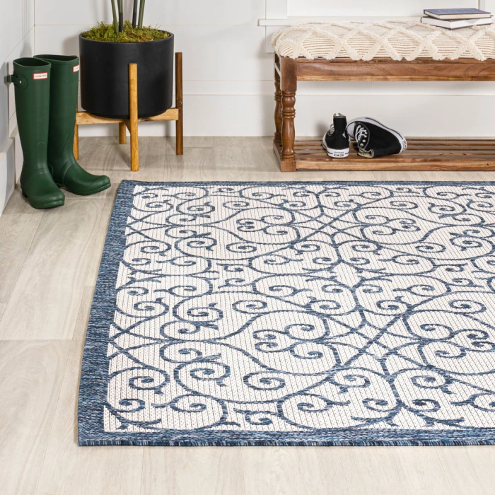 Madrid Vintage Filigree Textured Weave Blue/Cream 4 ft. x 6 ft. Indoor/Outdoor Area Rug