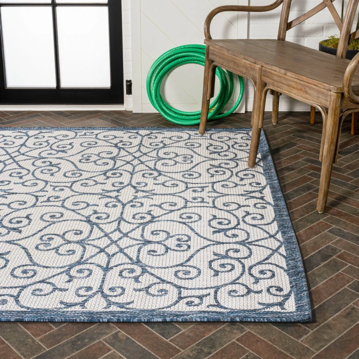 Madrid Vintage Filigree Textured Weave Blue/Cream 4 ft. x 6 ft. Indoor/Outdoor Area Rug