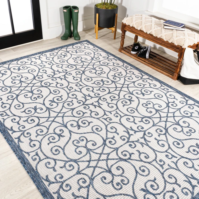 Madrid Vintage Filigree Textured Weave Blue/Cream 4 ft. x 6 ft. Indoor/Outdoor Area Rug