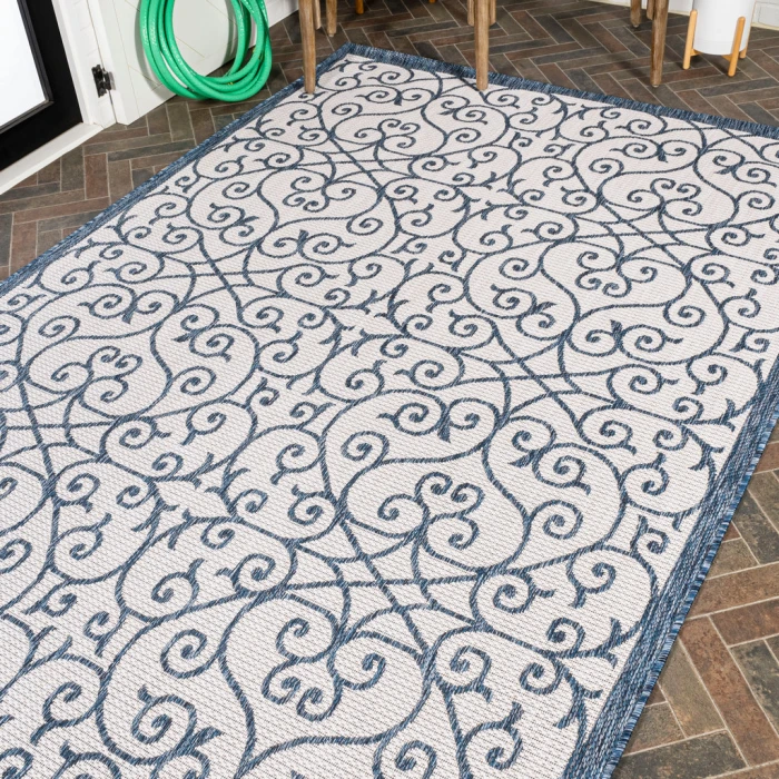 Madrid Vintage Filigree Textured Weave Blue/Cream 4 ft. x 6 ft. Indoor/Outdoor Area Rug