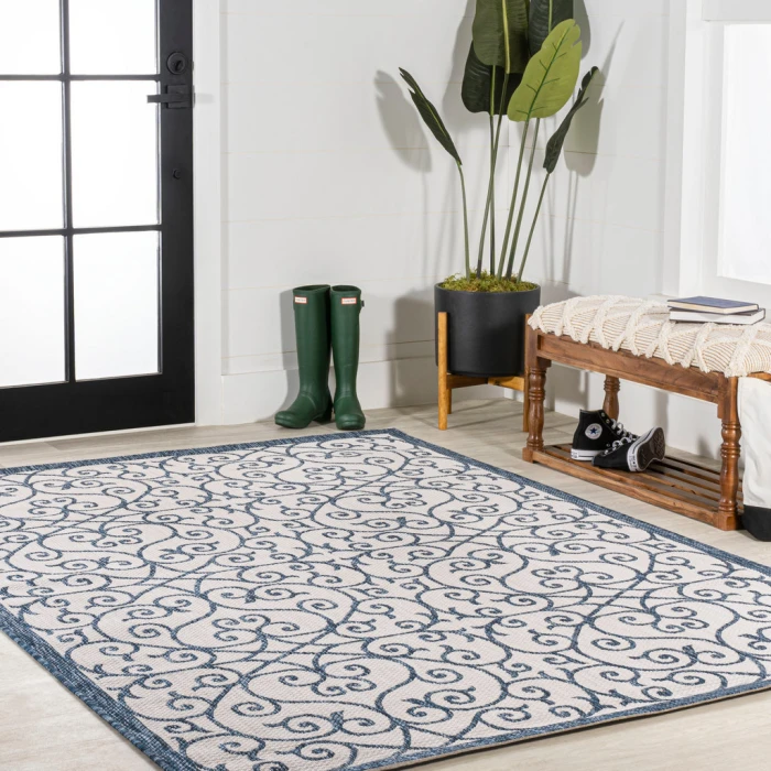 Madrid Vintage Filigree Textured Weave Blue/Cream 4 ft. x 6 ft. Indoor/Outdoor Area Rug