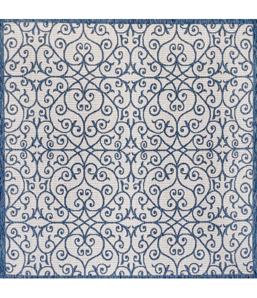 Madrid Vintage Filigree Textured Weave Blue/Cream 5' Square Indoor/Outdoor Area Rug