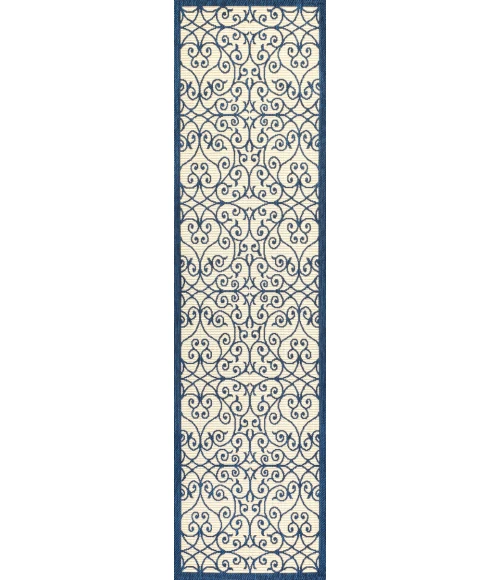 Madrid Vintage Filigree Textured Weave Navy/Beige 2 ft. x 8 ft. Indoor/Outdoor Runner Rug