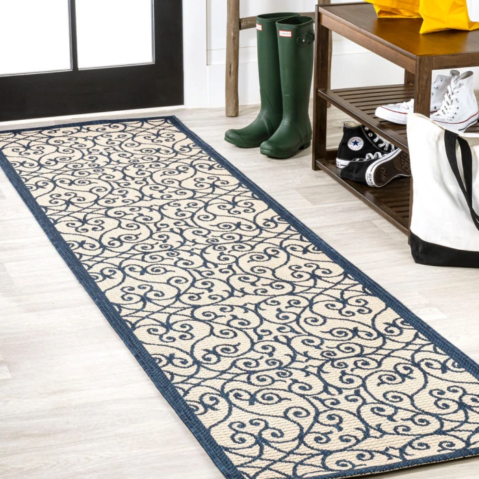 Madrid Vintage Filigree Textured Weave Navy/Beige 2 ft. x 10 ft. Indoor/Outdoor Runner Rug