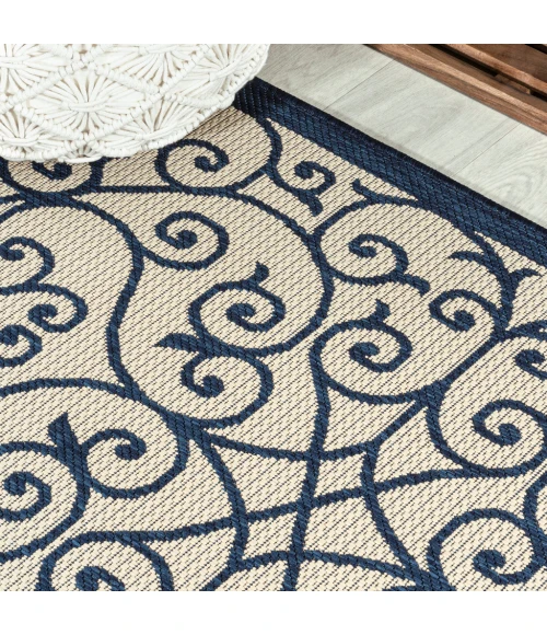 Madrid Vintage Filigree Textured Weave Navy/Beige 2 ft. x 8 ft. Indoor/Outdoor Runner Rug