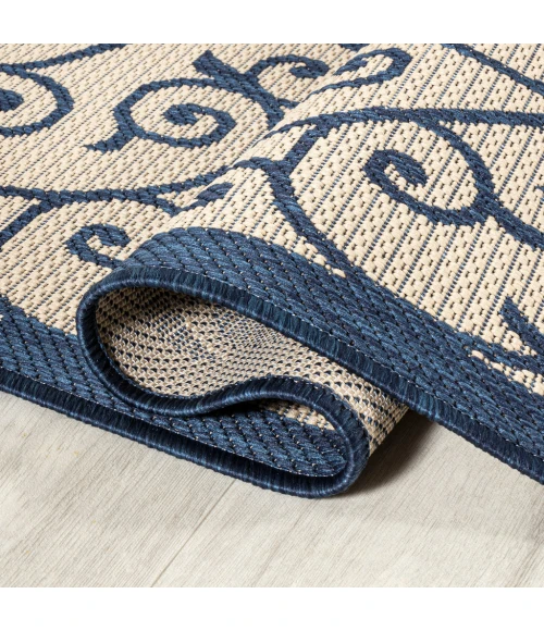 Madrid Vintage Filigree Textured Weave Navy/Beige 2 ft. x 8 ft. Indoor/Outdoor Runner Rug