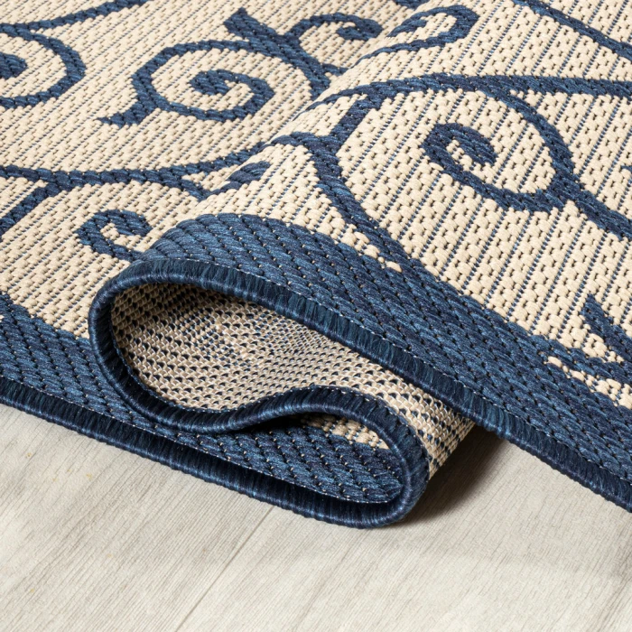 Madrid Vintage Filigree Textured Weave Navy/Beige 5' Round Indoor/Outdoor Area Rug