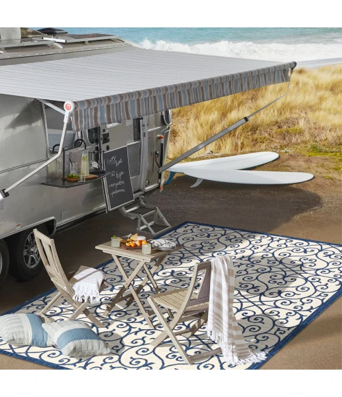 Madrid Vintage Filigree Textured Weave Navy/Beige 2 ft. x 8 ft. Indoor/Outdoor Runner Rug