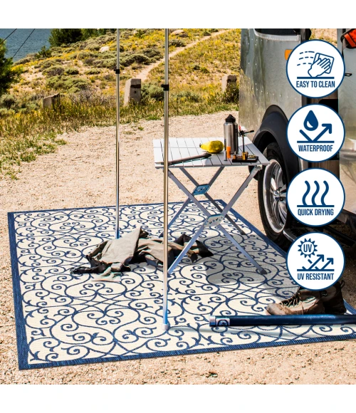 Madrid Vintage Filigree Textured Weave Navy/Beige 2 ft. x 8 ft. Indoor/Outdoor Runner Rug