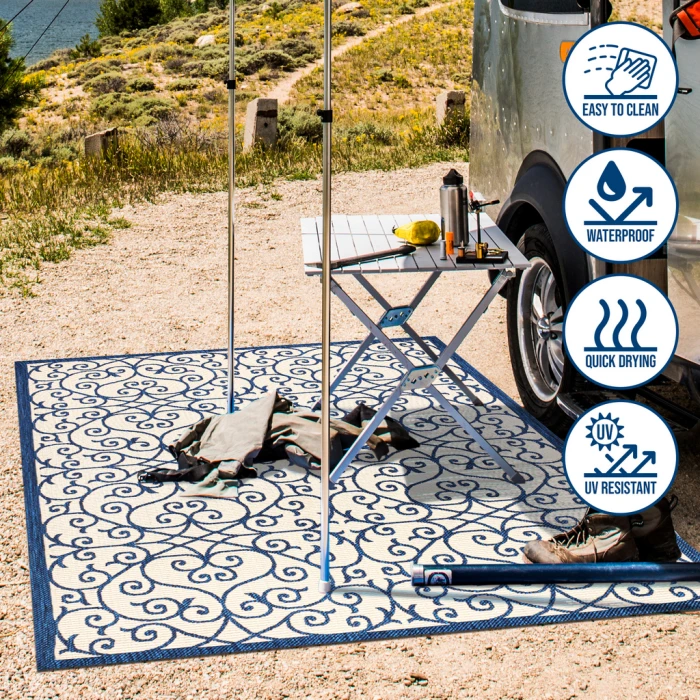 Madrid Vintage Filigree Textured Weave Navy/Beige 5' Round Indoor/Outdoor Area Rug