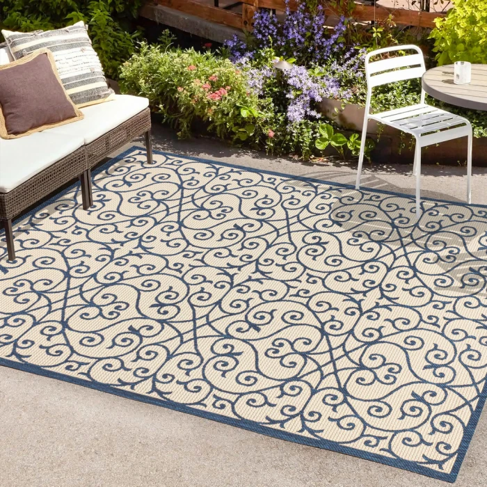 Madrid Vintage Filigree Textured Weave Navy/Beige 9 ft. x 12 ft. Indoor/Outdoor Area Rug