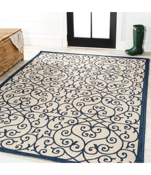 Madrid Vintage Filigree Textured Weave Navy/Beige 3 ft. x 5 ft. Indoor/Outdoor Area Rug