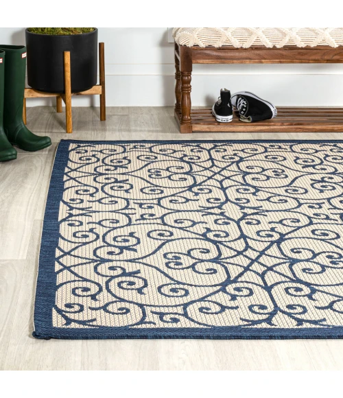 Madrid Vintage Filigree Textured Weave Navy/Beige 3 ft. x 5 ft. Indoor/Outdoor Area Rug