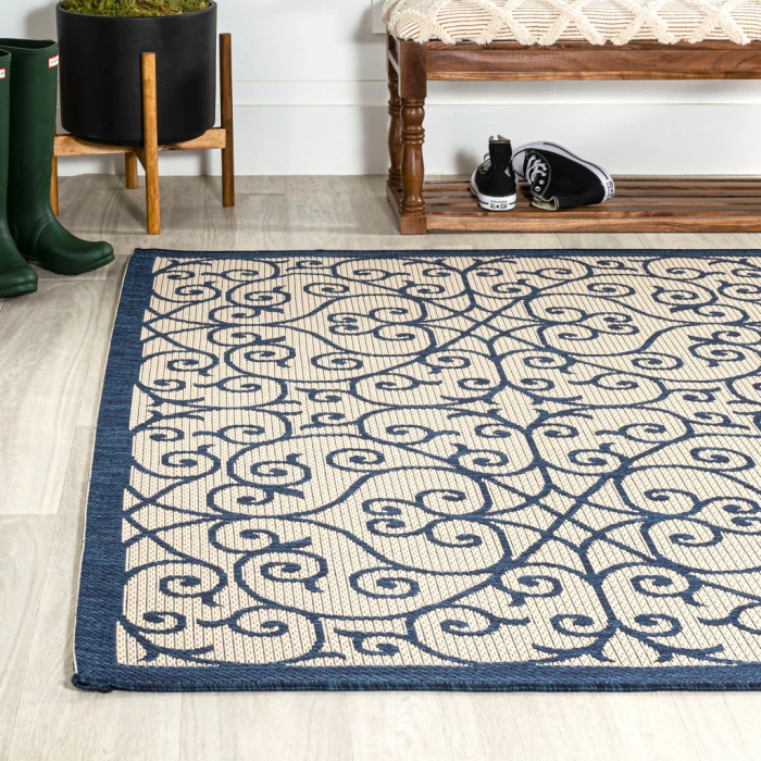 Madrid Vintage Filigree Textured Weave Navy/Beige 9 ft. x 12 ft. Indoor/Outdoor Area Rug