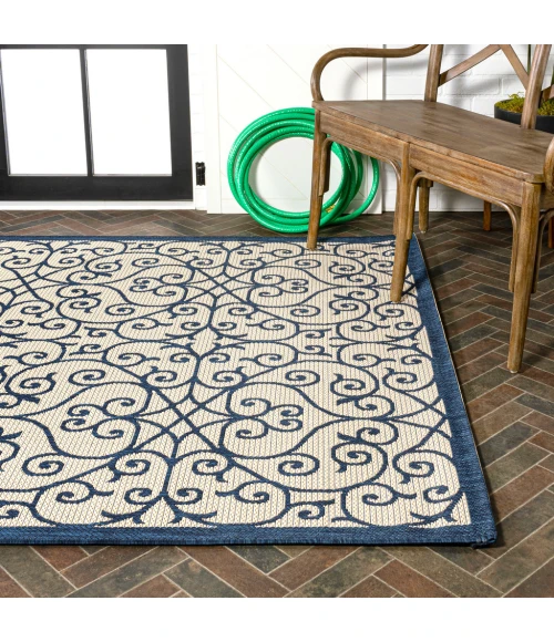 Madrid Vintage Filigree Textured Weave Navy/Beige 3 ft. x 5 ft. Indoor/Outdoor Area Rug