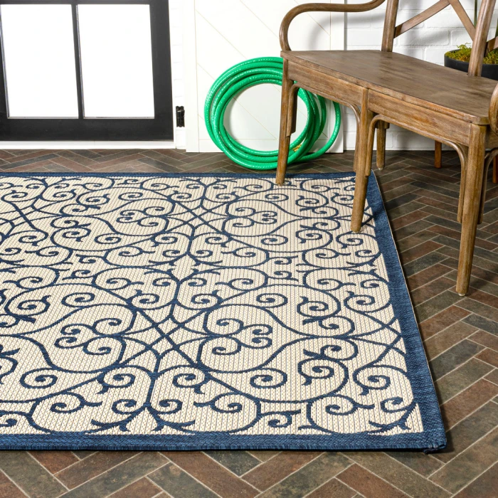 Madrid Vintage Filigree Textured Weave Navy/Beige 9 ft. x 12 ft. Indoor/Outdoor Area Rug