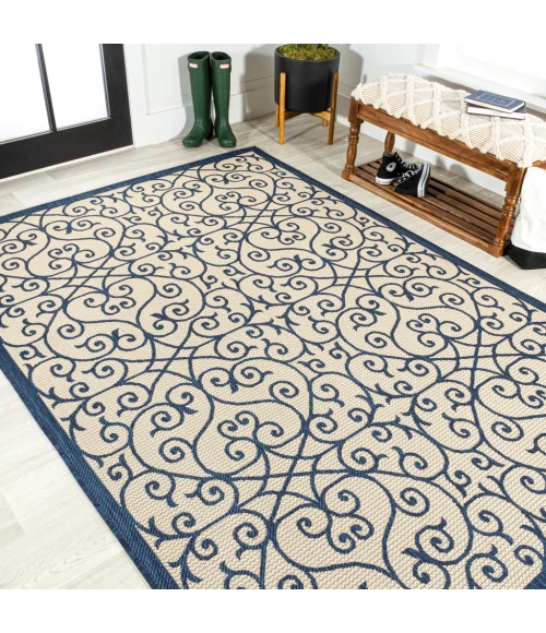 Madrid Vintage Filigree Textured Weave Navy/Beige 3 ft. x 5 ft. Indoor/Outdoor Area Rug