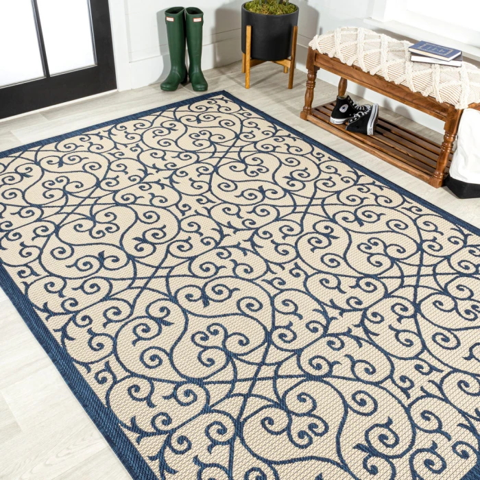 Madrid Vintage Filigree Textured Weave Navy/Beige 9 ft. x 12 ft. Indoor/Outdoor Area Rug