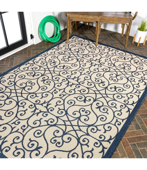 Madrid Vintage Filigree Textured Weave Navy/Beige 3 ft. x 5 ft. Indoor/Outdoor Area Rug