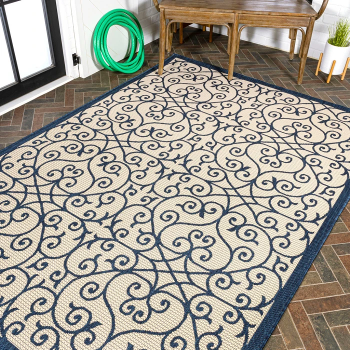 Madrid Vintage Filigree Textured Weave Navy/Beige 9 ft. x 12 ft. Indoor/Outdoor Area Rug