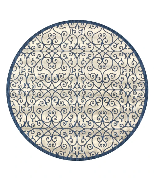 Madrid Vintage Filigree Textured Weave Navy/Beige 5' Round Indoor/Outdoor Area Rug