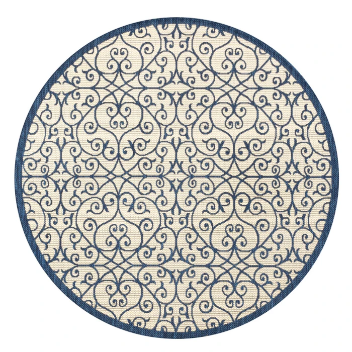 Madrid Vintage Filigree Textured Weave Navy/Beige 5' Round Indoor/Outdoor Area Rug
