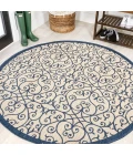 Madrid Vintage Filigree Textured Weave Navy/Beige 5' Round Indoor/Outdoor Area Rug