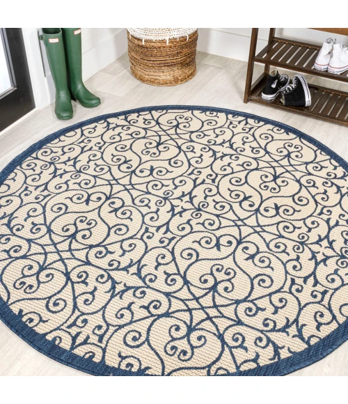 Madrid Vintage Filigree Textured Weave Navy/Beige 5' Round Indoor/Outdoor Area Rug