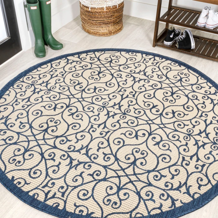 Madrid Vintage Filigree Textured Weave Navy/Beige 5' Round Indoor/Outdoor Area Rug