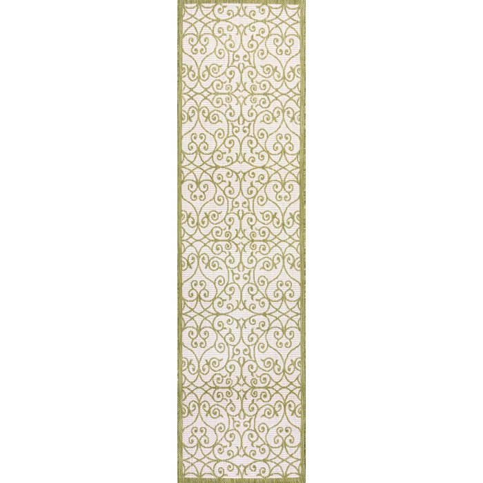 Madrid Vintage Filigree Textured Weave Green/Cream 2 ft. x 8 ft. Indoor/Outdoor Runner Rug