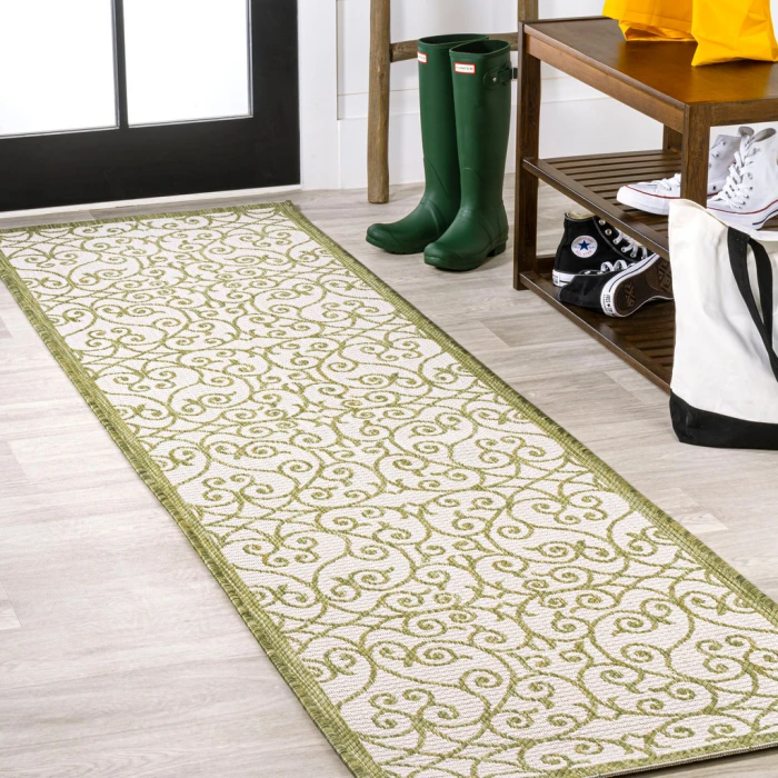 Madrid Vintage Filigree Textured Weave Green/Cream 2 ft. x 8 ft. Indoor/Outdoor Runner Rug