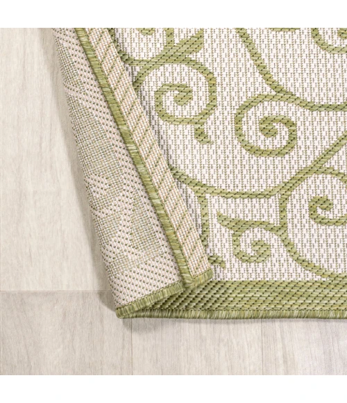 Madrid Vintage Filigree Textured Weave Green/Cream 5' Round Indoor/Outdoor Area Rug