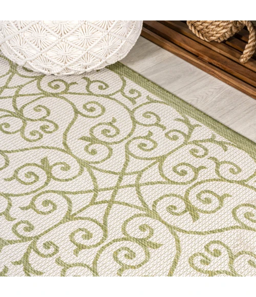 Madrid Vintage Filigree Textured Weave Green/Cream 5' Round Indoor/Outdoor Area Rug